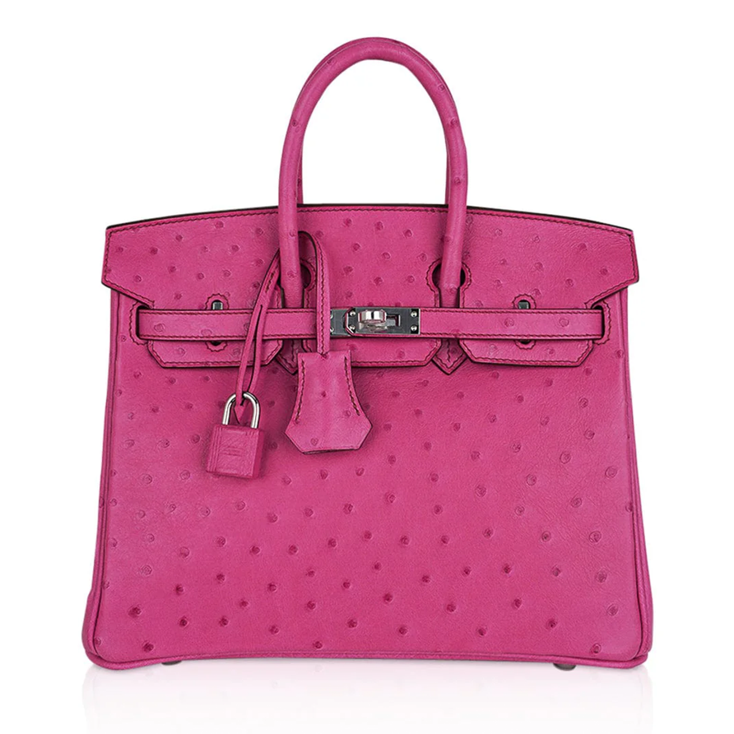 Vivid Deep Fuchsia Tiny Raised Dot Compact Trapezoid Hand Tote With Sleek Silvery Twist Lock Hardware And Matching Suspended Metal Padlock Charm