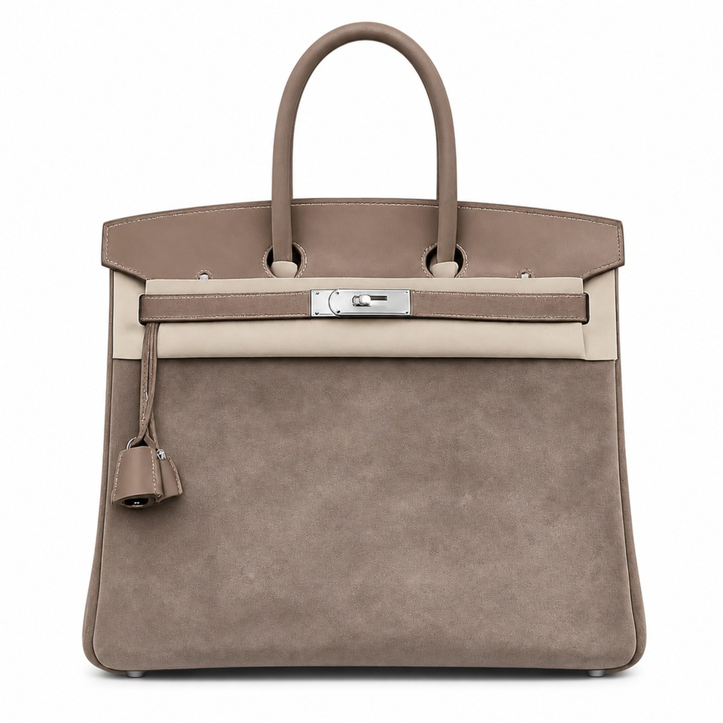 Warm Taupe Fuzzy Textured Two-Tone Medium Rectangular Hand Tote With Pale Contrast Stitching And Polished Silvery Twist Lock Hardware Tag
