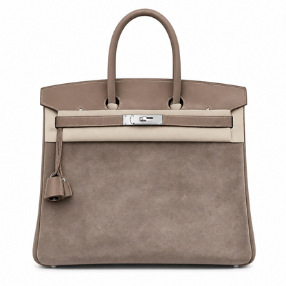 Warm Taupe Fuzzy Textured Two-Tone Medium Rectangular Hand Tote With Pale Contrast Stitching And Polished Silvery Twist Lock Hardware Tag