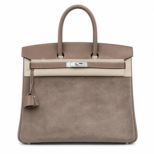 Warm Taupe Fuzzy Textured Two-Tone Medium Rectangular Hand Tote With Pale Contrast Stitching And Polished Silvery Twist Lock Hardware Tag