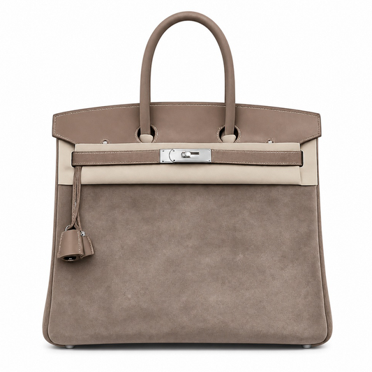Warm Taupe Fuzzy Textured Two-Tone Medium Rectangular Hand Tote With Pale Contrast Stitching And Polished Silvery Twist Lock Hardware Tag