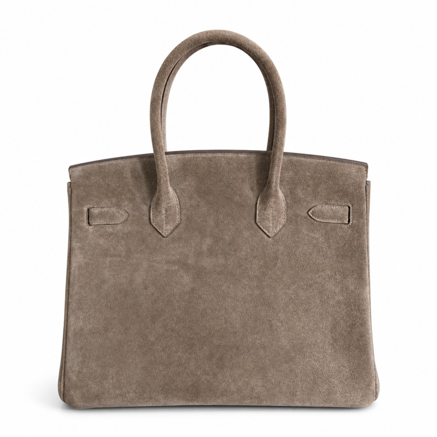 Warm Taupe Fuzzy Textured Two-Tone Medium Rectangular Hand Tote With Pale Contrast Stitching And Polished Silvery Twist Lock Hardware Tag