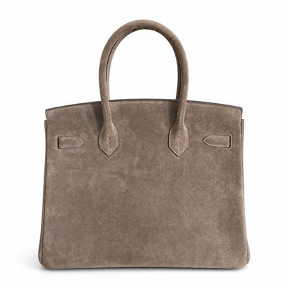 Warm Taupe Fuzzy Textured Two-Tone Medium Rectangular Hand Tote With Pale Contrast Stitching And Polished Silvery Twist Lock Hardware Tag