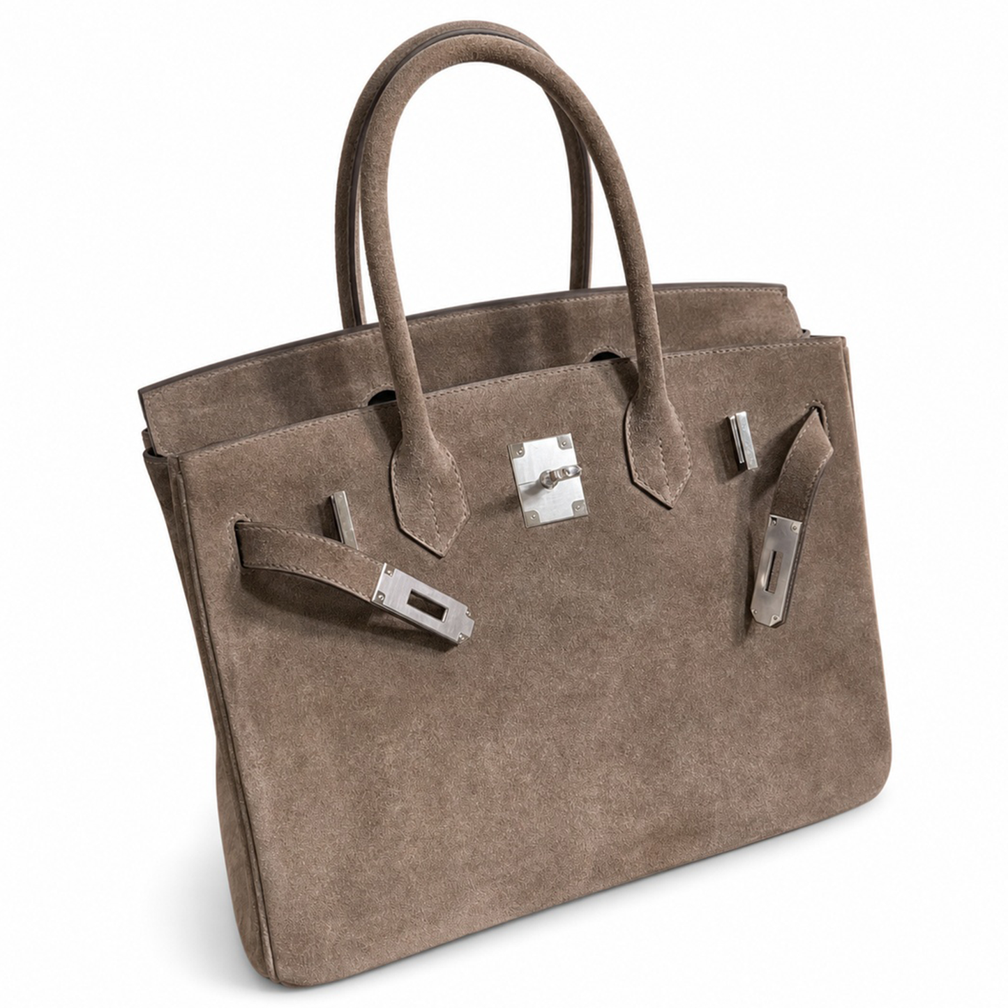 Warm Taupe Fuzzy Textured Two-Tone Medium Rectangular Hand Tote With Pale Contrast Stitching And Polished Silvery Twist Lock Hardware Tag