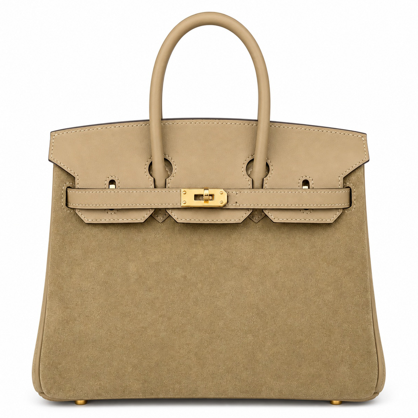 Warm Milk Tea Beige Dual Textured Compact Trapezoid Carry Tote With Luminous Golden Twist Lock Hardware And Built-In Inner Zipper Slot