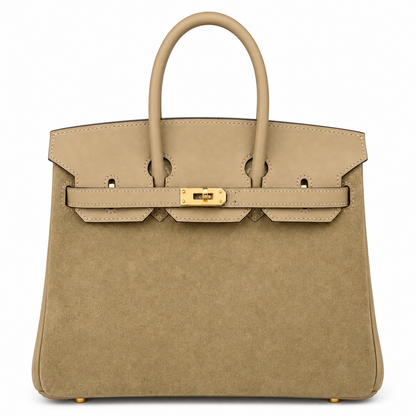 Warm Milk Tea Beige Dual Textured Compact Trapezoid Carry Tote With Luminous Golden Twist Lock Hardware And Built-In Inner Zipper Slot