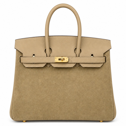 Warm Milk Tea Beige Dual Textured Compact Trapezoid Carry Tote With Luminous Golden Twist Lock Hardware And Built-In Inner Zipper Slot