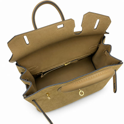 Warm Milk Tea Beige Dual Textured Compact Trapezoid Carry Tote With Luminous Golden Twist Lock Hardware And Built-In Inner Zipper Slot